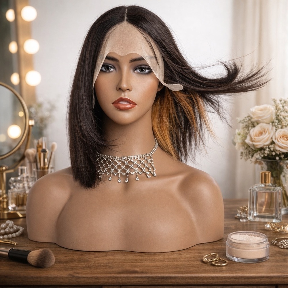 Brown Highlight Lace Front Wig Human Hair 13x6x1 Lace Front Bob Wig 12”